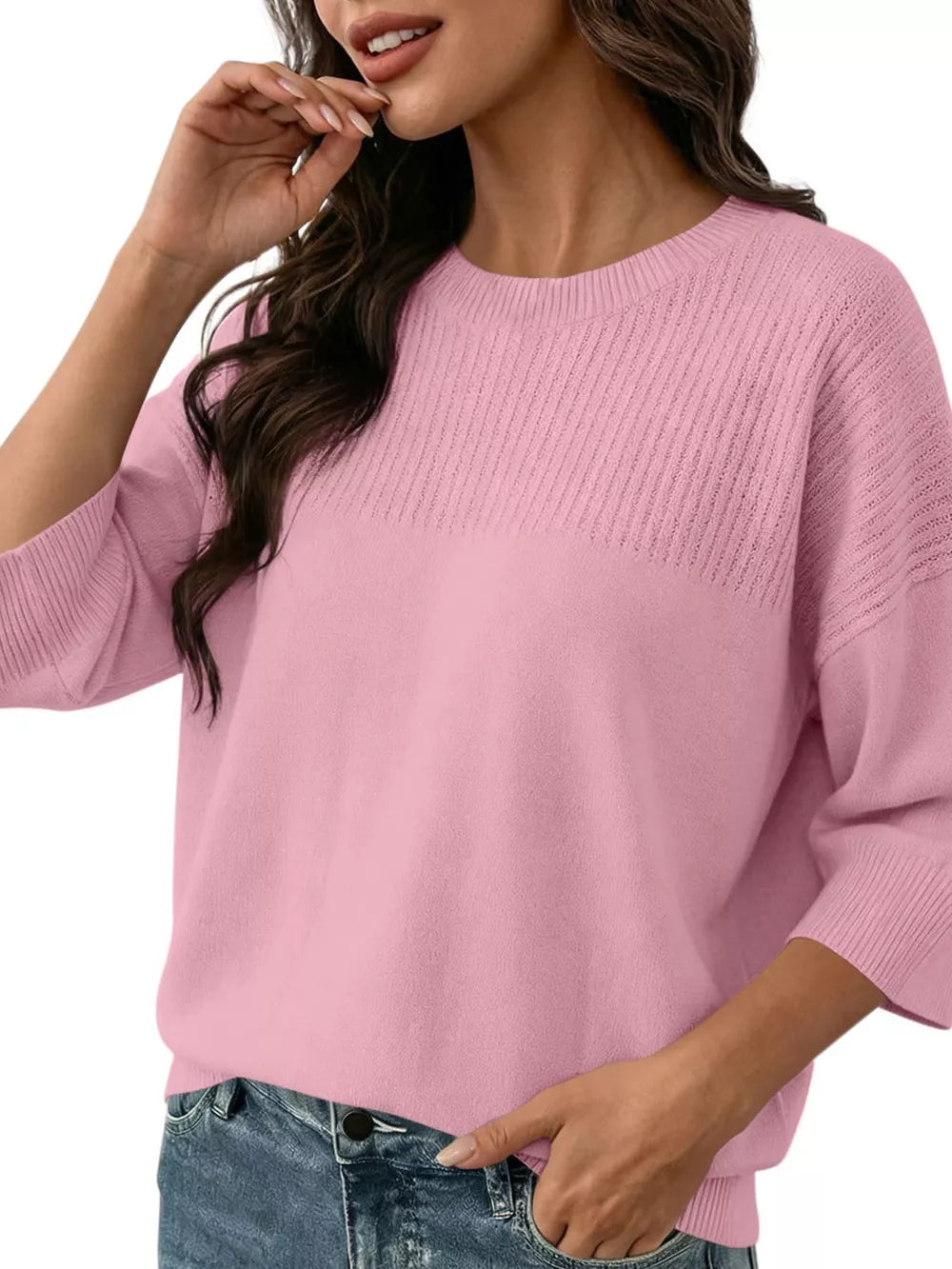 White Elegant Crew Neck Eyelet Ribbed Sweater