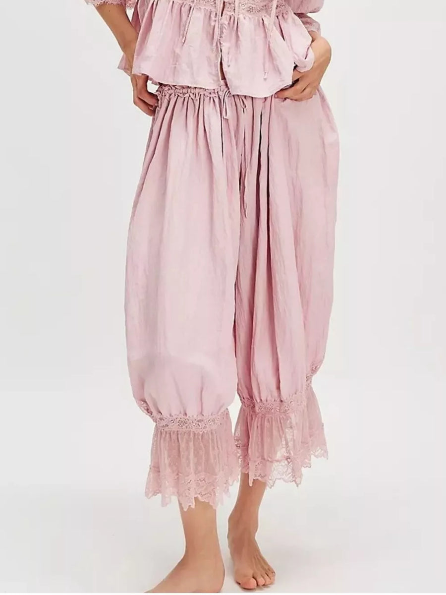 lounge pants in blush pink featuring tied and relaxed fit