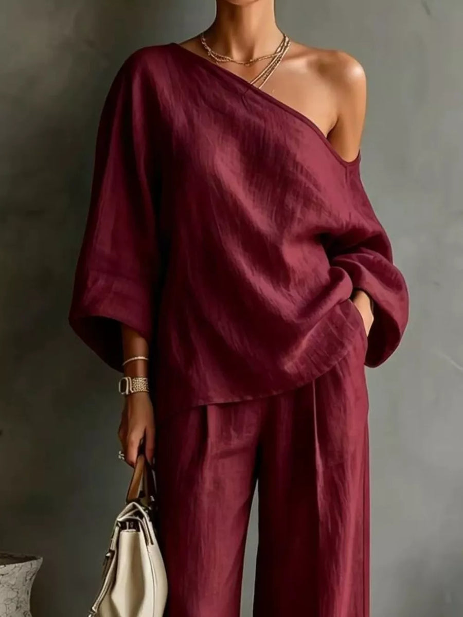 two-piece set in Light Green with one-shoulder and elbow sleeve