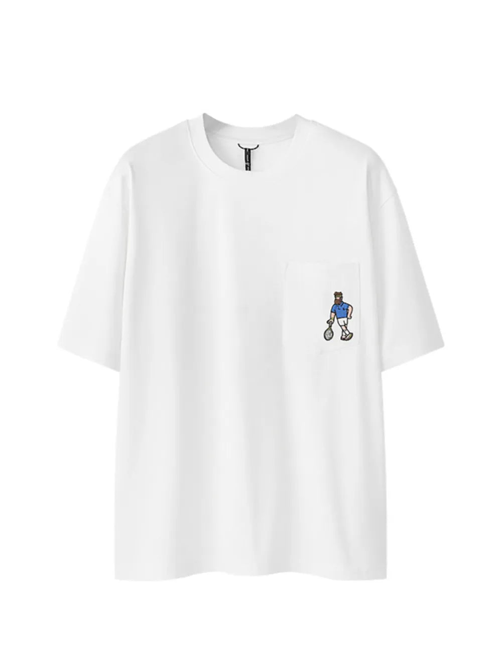 White cotton blend crew neck t-shirt with embroidered tennis player on pocket.