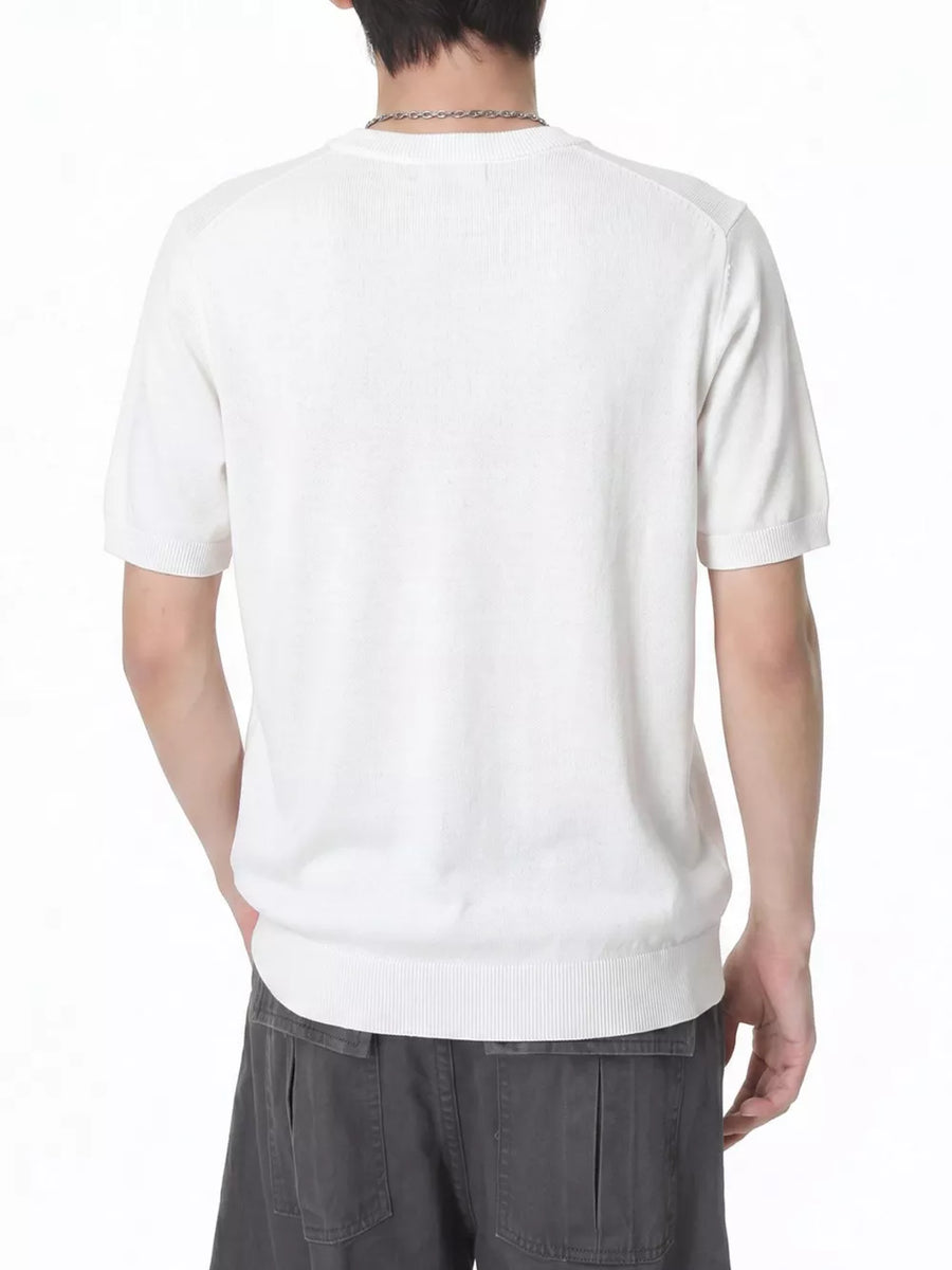 Men's white short sleeve knit t-shirt with ribbed hem and neckline.