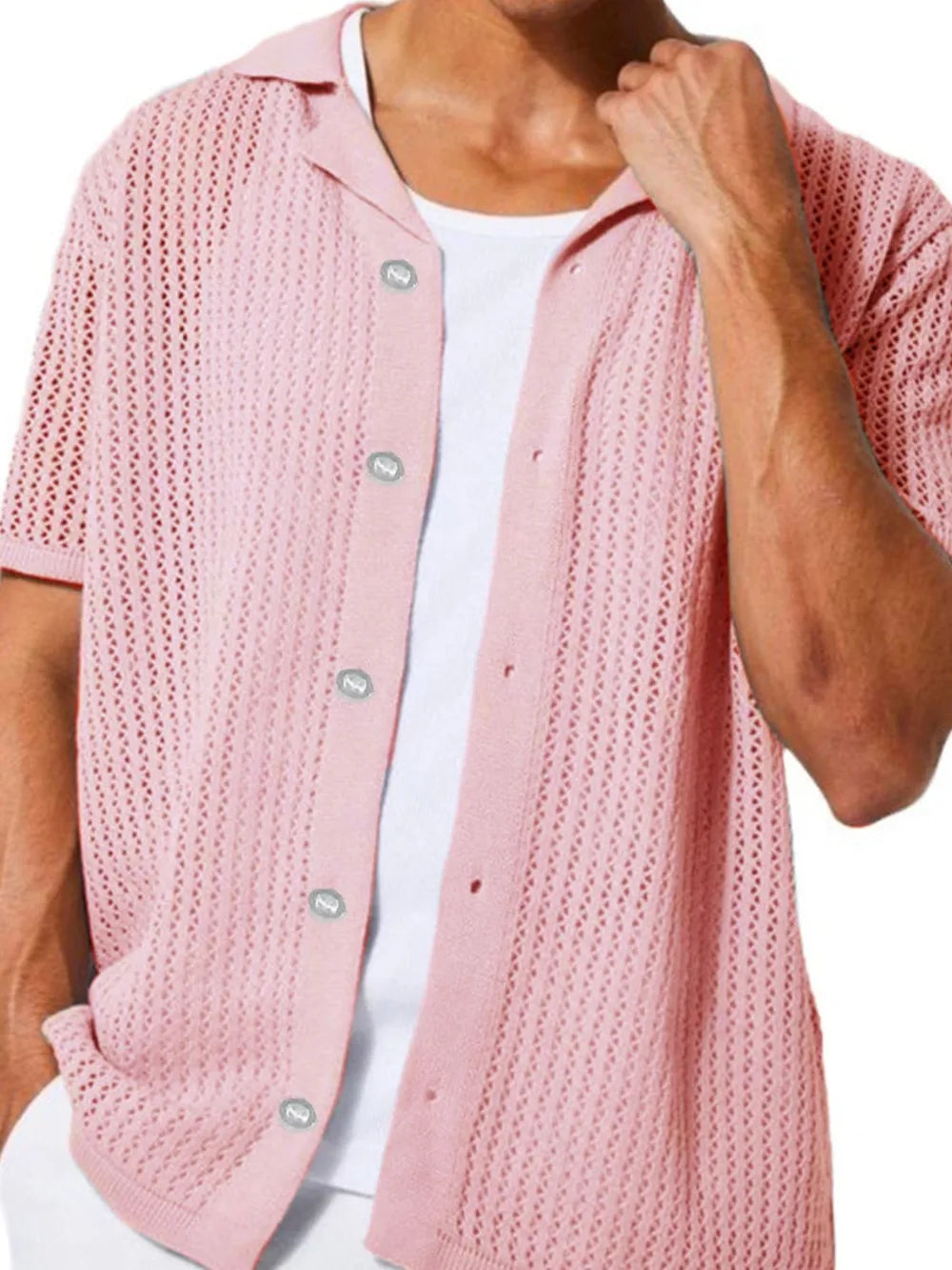 Dusty Pink open-knit resort shirt with a relaxed fit, short sleeves, and button front.