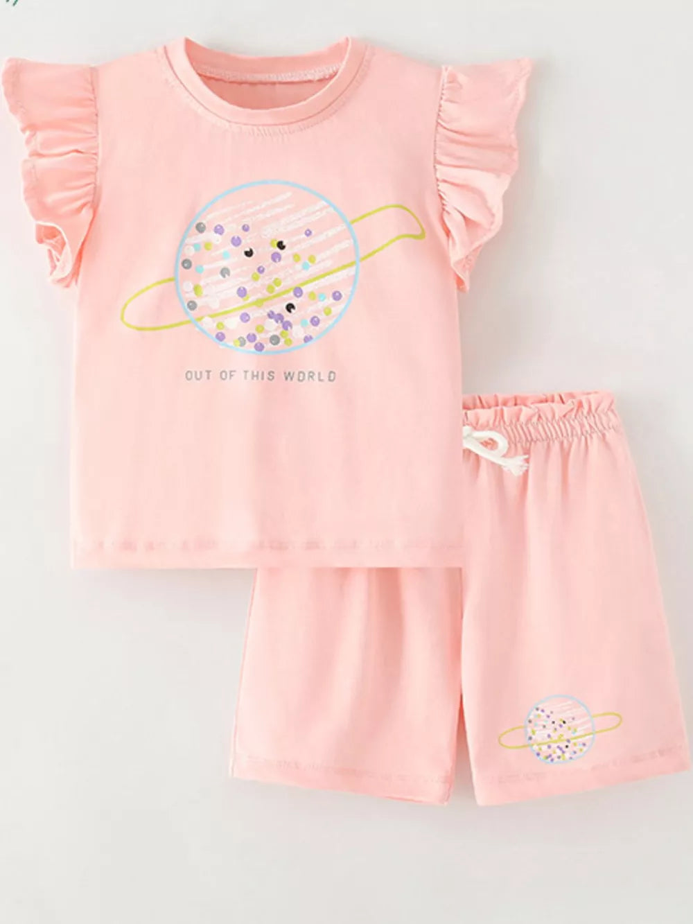 Pink cotton toddler top and shorts set with planet graphic and ruffle sleeves.