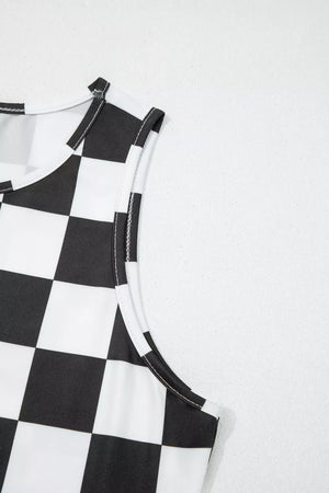 Graphic checkerboard seamless tank top with white trim and stitching.