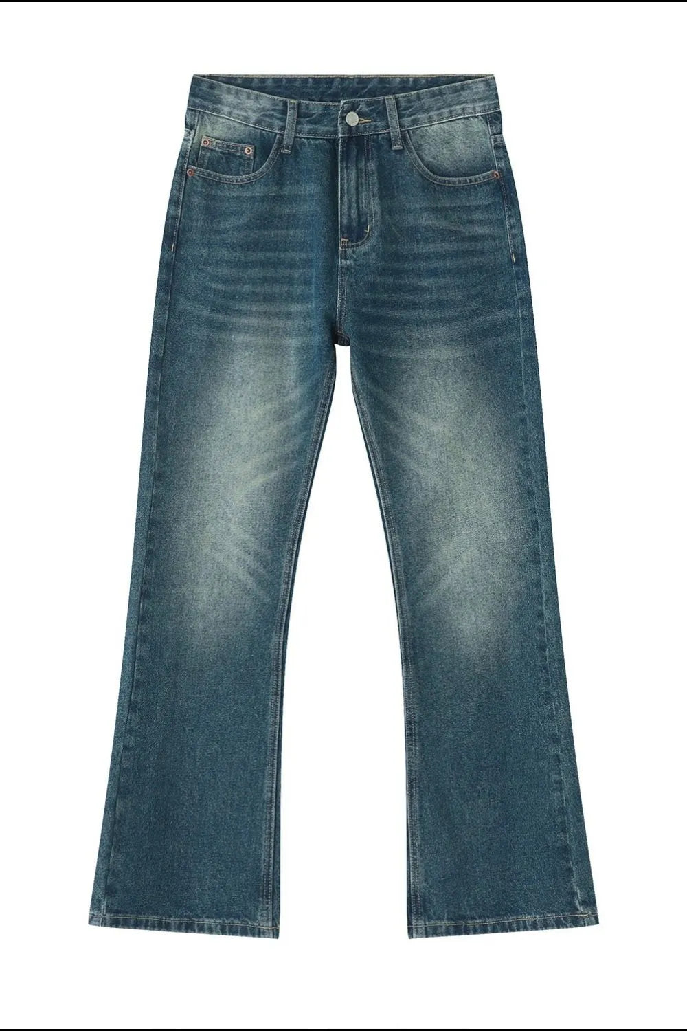 Vintage wash flare denim trousers in Peacock Blue with a faded effect.