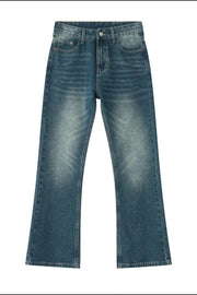 Vintage wash flare denim trousers in Peacock Blue with a faded effect.