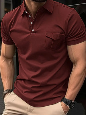 Burgundy short sleeve polo shirt with utility chest pocket and button placket.