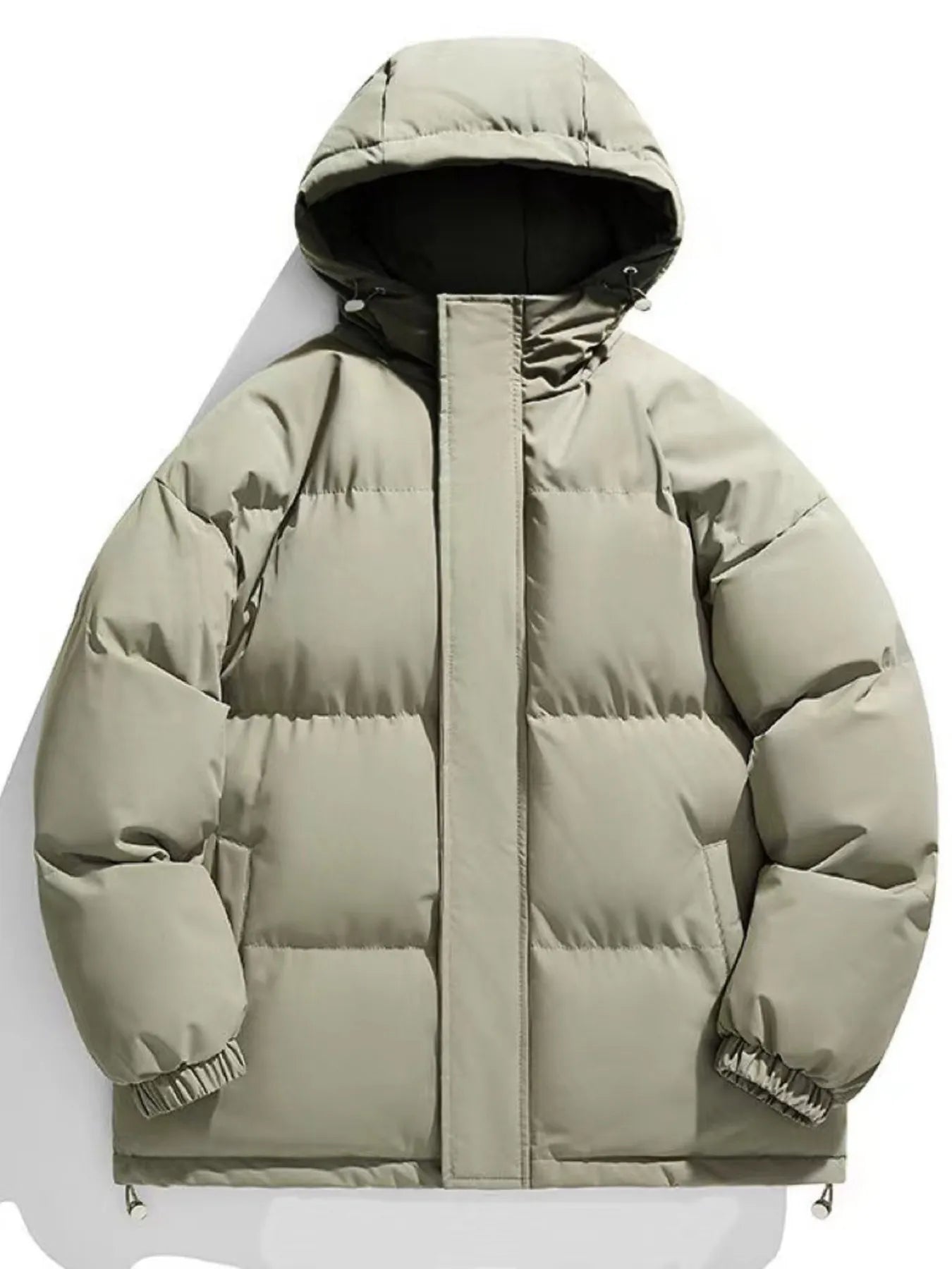 Oversized puffer jacket in Grass Green with a hood and full zip closure.