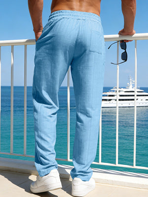 White with Men's Casual Striped Drawstring Pants Plus Size in White