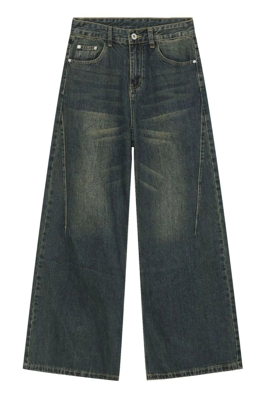 Faded dark denim wide-leg trousers with a relaxed fit and vintage wash.