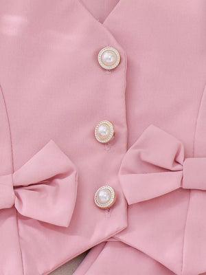Pink with Children's Bow Button Up Vest And Skirt Set in Pink