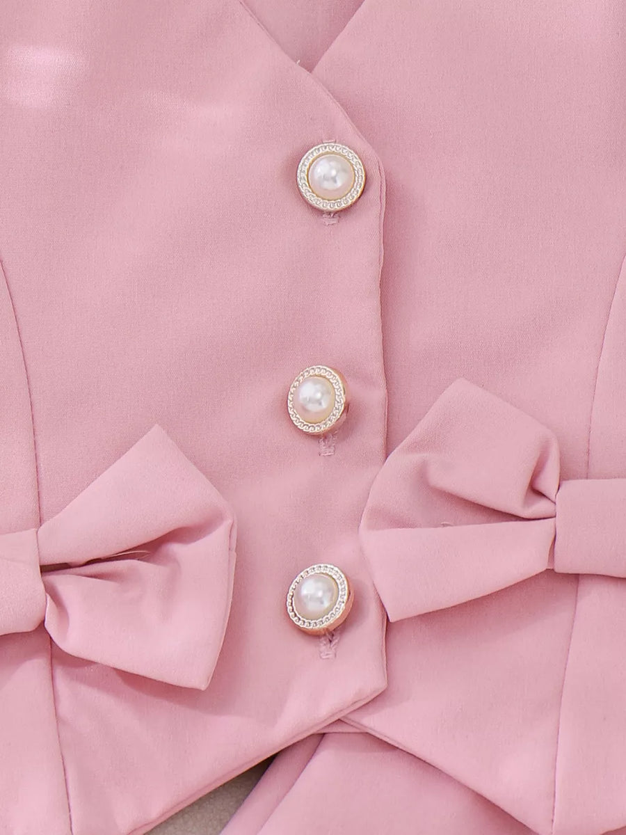 Pink with Children's Bow Button Up Vest And Skirt Set in Pink