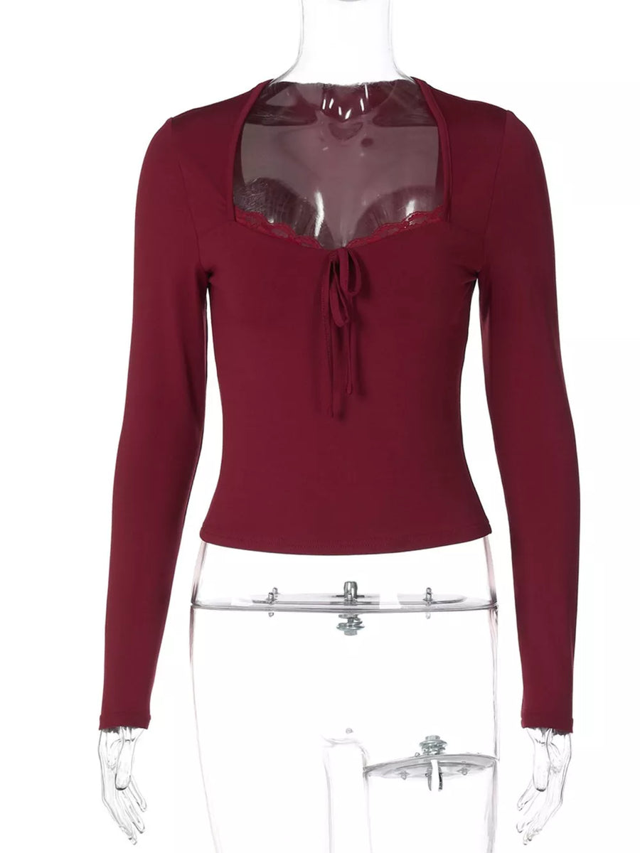 Wine red long sleeve tee with lace trim and tie-front neckline