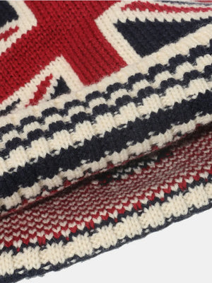 Union Jack knit beanie in red, white, and navy acrylic with a textured pattern.