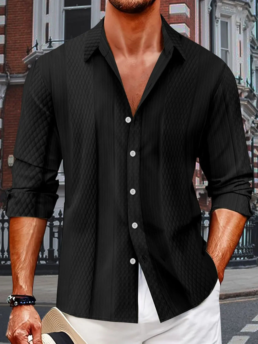 Black textured quilted panel shirt with relaxed fit and button front.