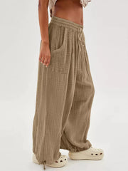 Turquoise wide-leg pants with full-length and drawstring