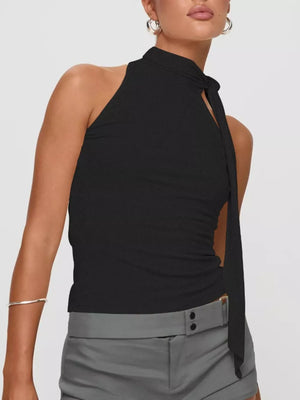 Black halter neck sleeveless top with tie detail