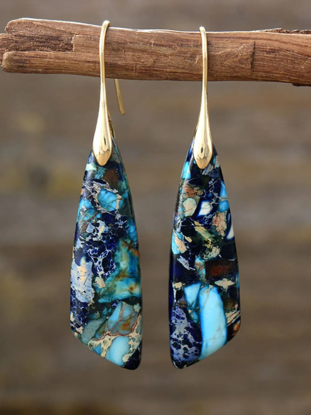 Azure Stone Teardrop Earrings with gold-plated hooks, featuring a marbled blue and brown pattern.