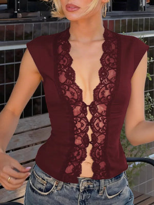 Wine red lace-trimmed sheer vest with button details and a deep V-neck.
