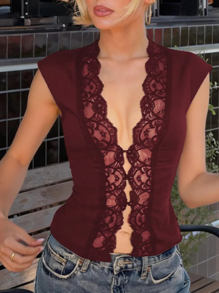 Wine red lace-trimmed sheer vest with button details and a deep V-neck.