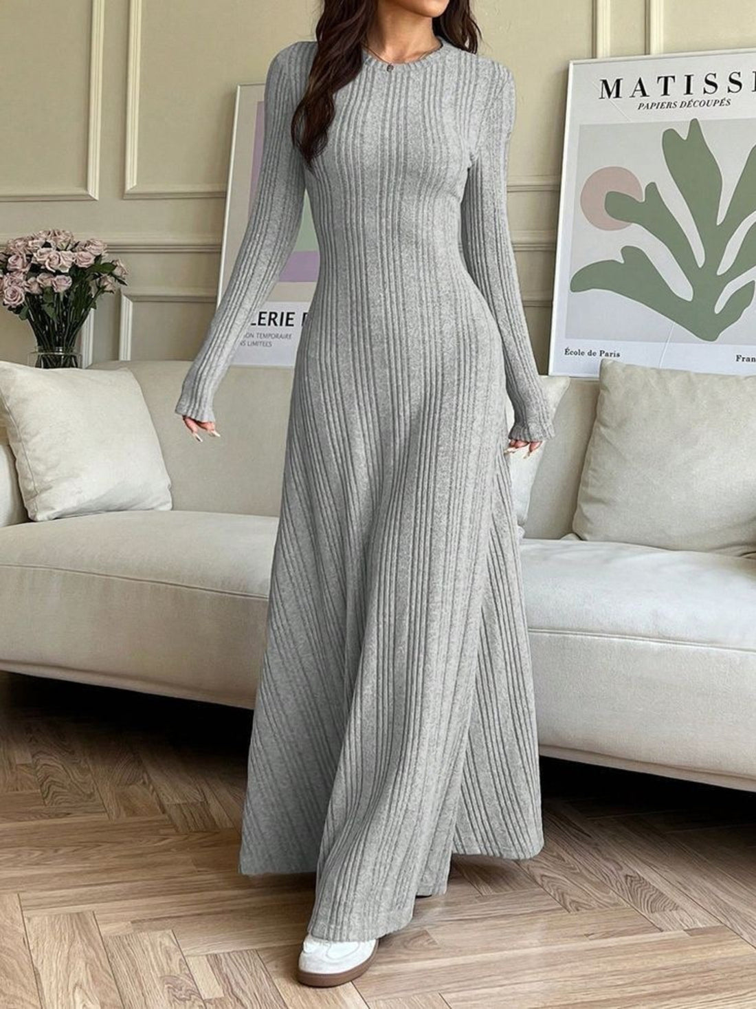sweater dress in light gray featuring stretch and fitted fit