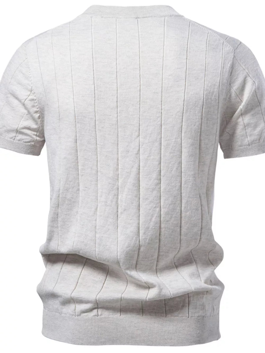 Light blue ribbed knit sweater for men, short sleeves, crew neck, comfortable cotton fabric.