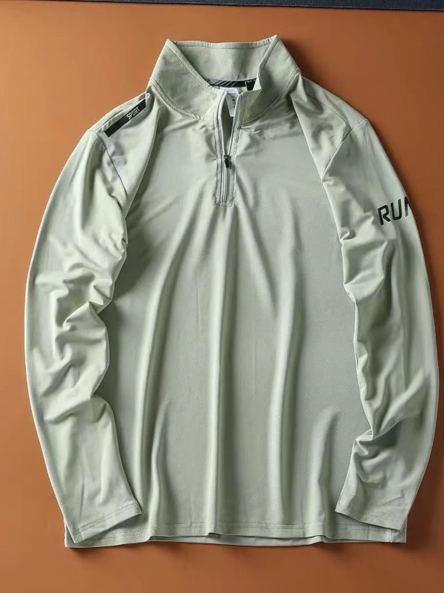 Light green quarter-zip long-sleeve sweatshirt with "SPORT" and "RUN" graphic details.