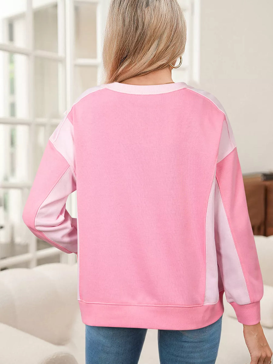 2-tone Color Block Patchwork Sweatshirt in Pink