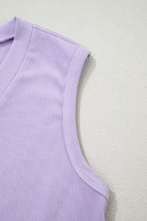 Lavender ribbed knit tank top with V-neck and sleeveless design.