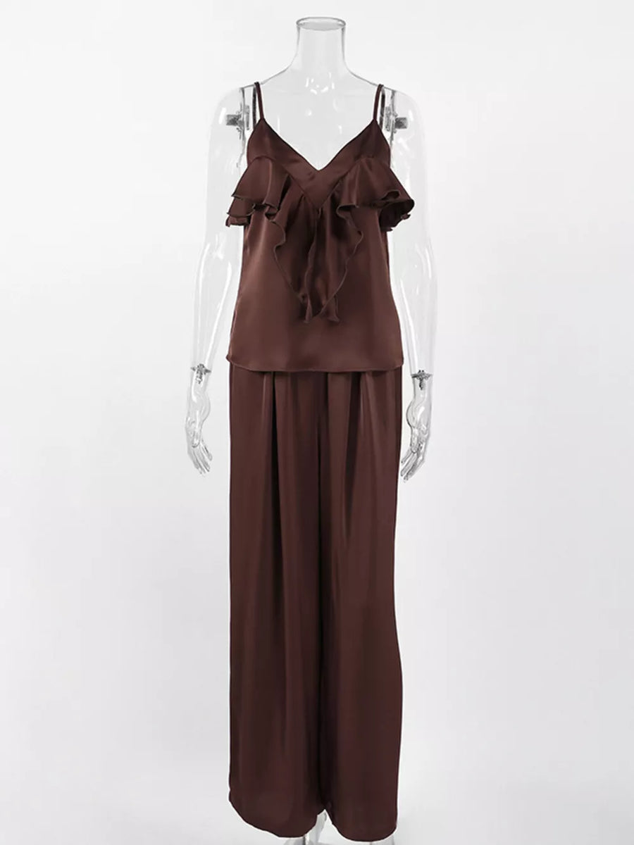 chocolate brown two-piece set with spaghetti straps and spaghetti strap