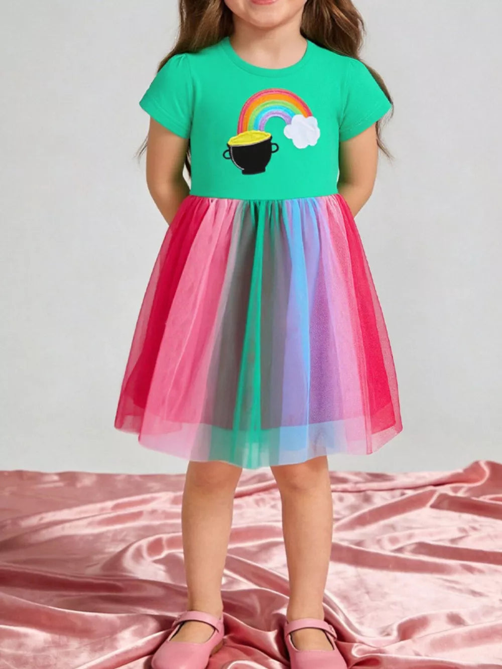 Green rainbow pot of gold dress with rainbow tulle skirt for kids