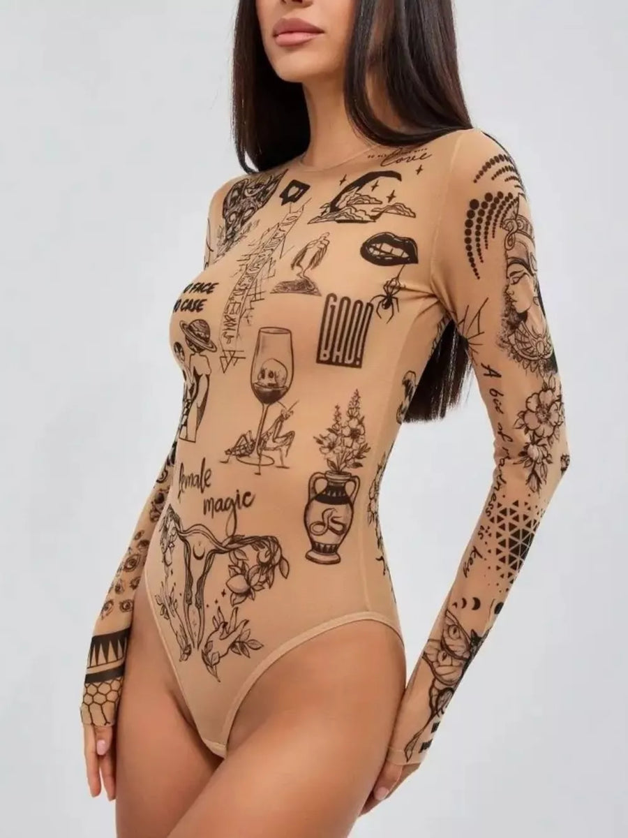 Sheer long-sleeve bodysuit in tan with allover black tattoo print, crew neck.