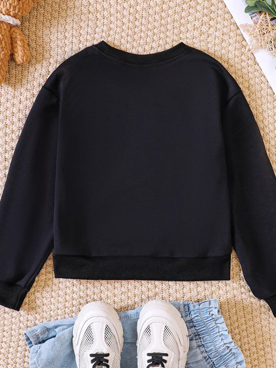 Black crew-neck sweatshirt with long sleeves and ribbed cuffs and hem.