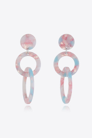 Pink and blue marbled drop earrings with three linked rings