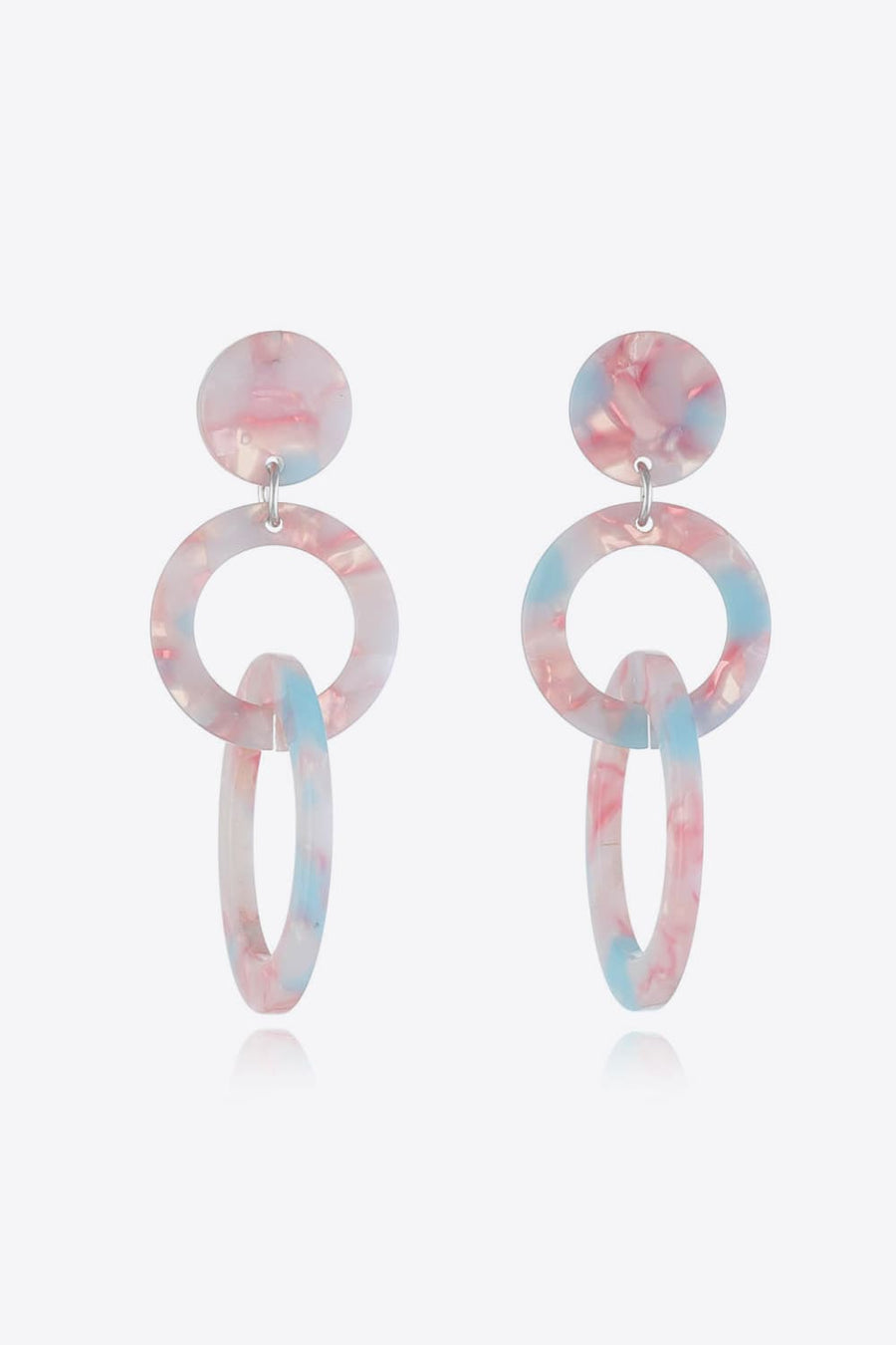 Pink and blue marbled drop earrings with three linked rings