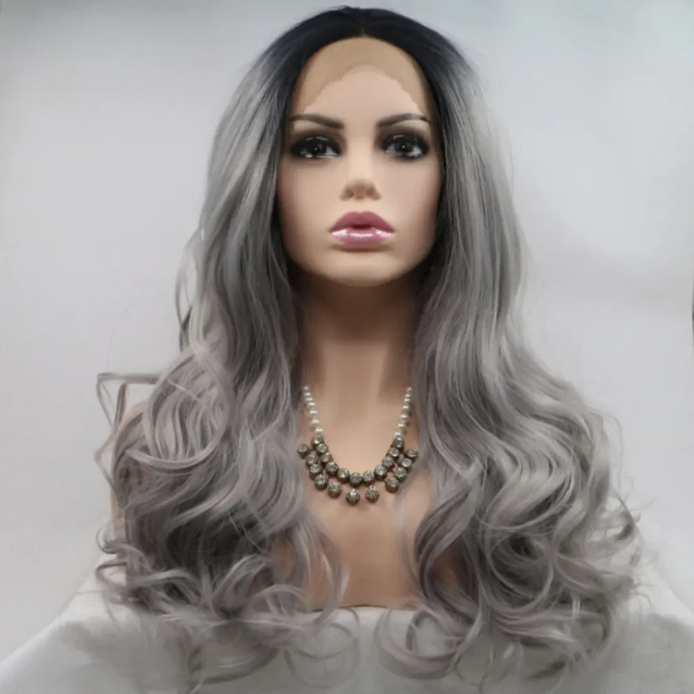 Silver ombre lace front wig with black roots and flowing waves.