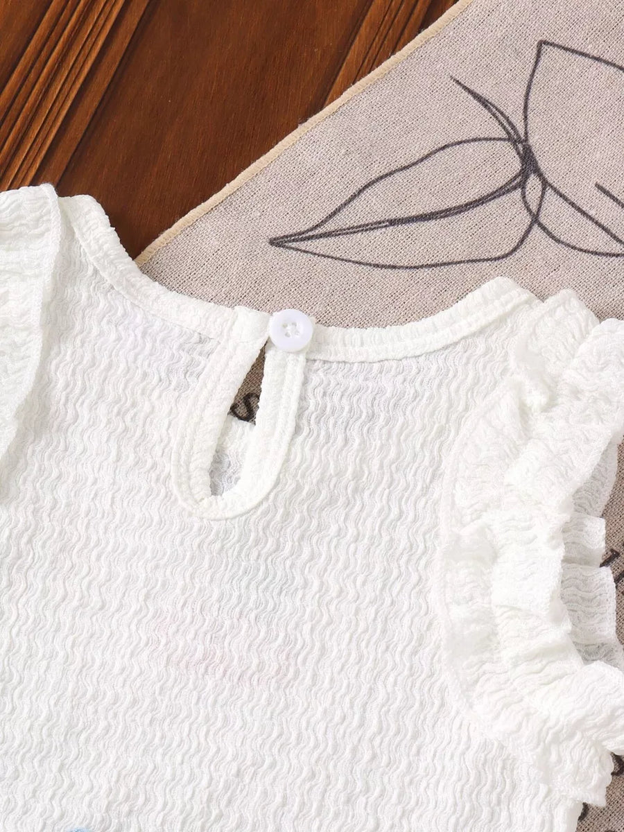 White with Children's Cherry Embroidered Top And Denim Shorts Set