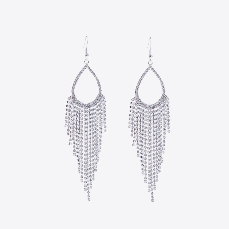 Crystal raindrop chandelier earrings with cascading rhinestones on alloy hooks.