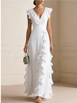 maxi dress in Navy with deep v-neck and cap sleeve
