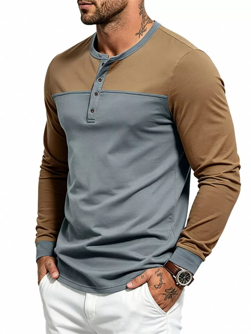 camel henley with buttoned placket and long sleeve