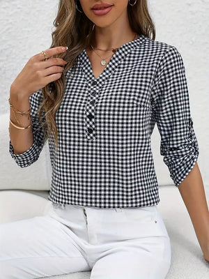 Black with Gingham Button Detail Blouse