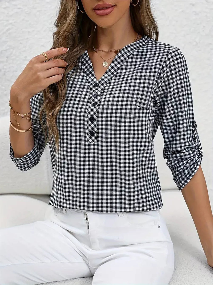 Black with Gingham Button Detail Blouse