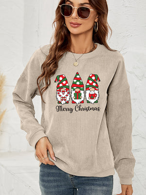 Beige corduroy sweatshirt with Christmas gnomes and Merry Christmas graphic.
