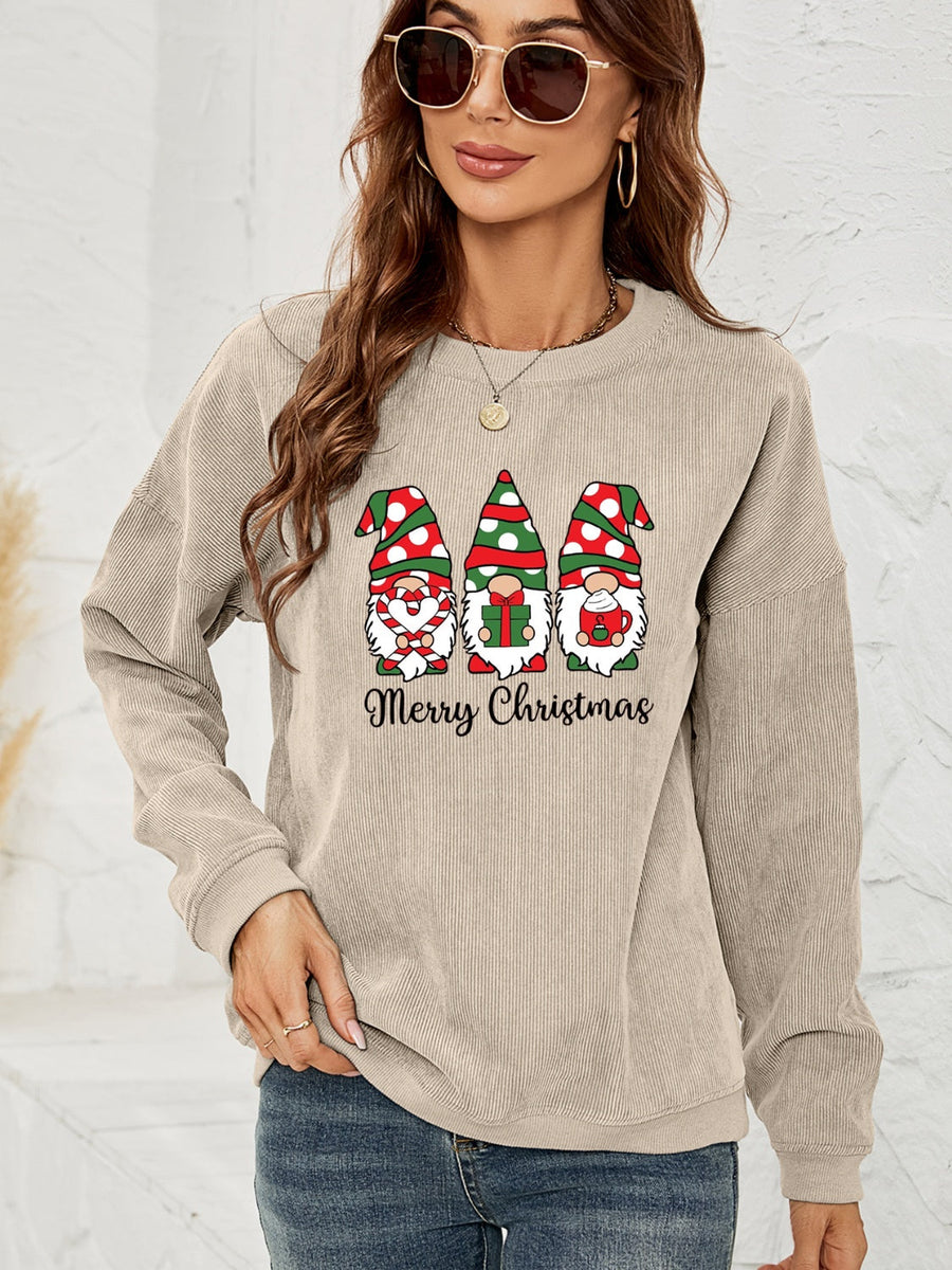 Beige corduroy sweatshirt with Christmas gnomes and Merry Christmas graphic.