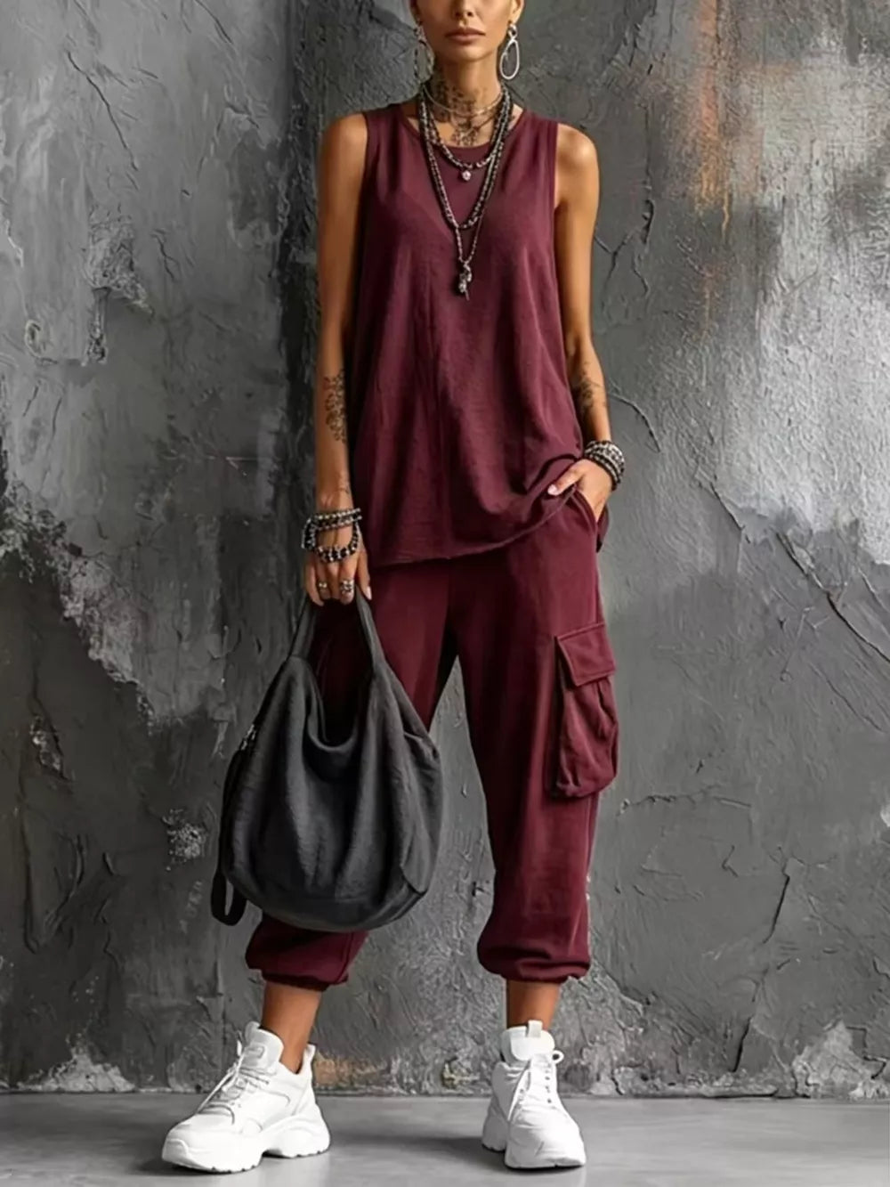 Casual Tank And Cargo Pants Set Plus Size in White