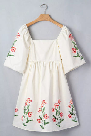 Cream floral puff sleeve square neck A-line dress with embroidered flowers.