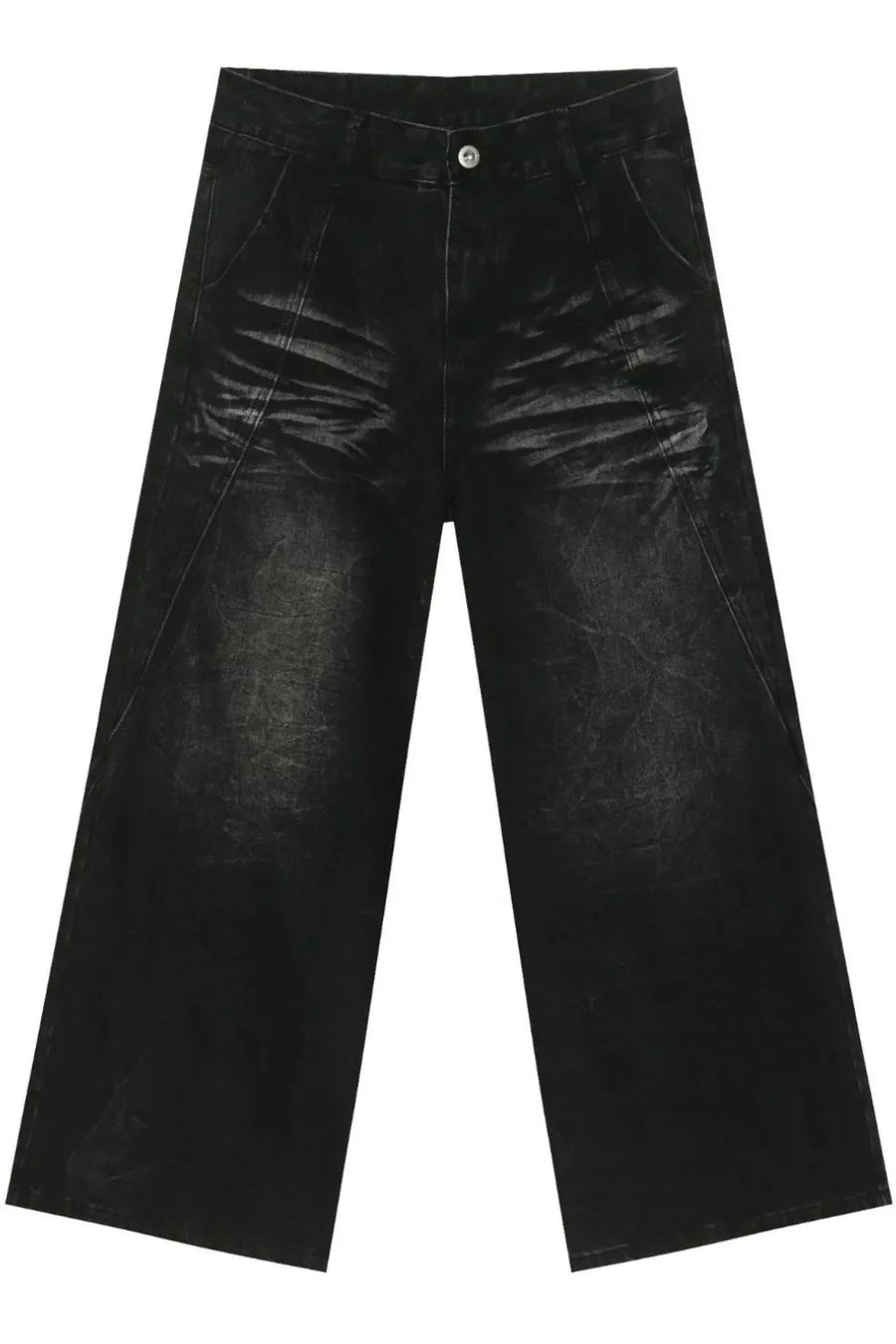 Faded black palazzo jeans in distressed denim with a wide leg.