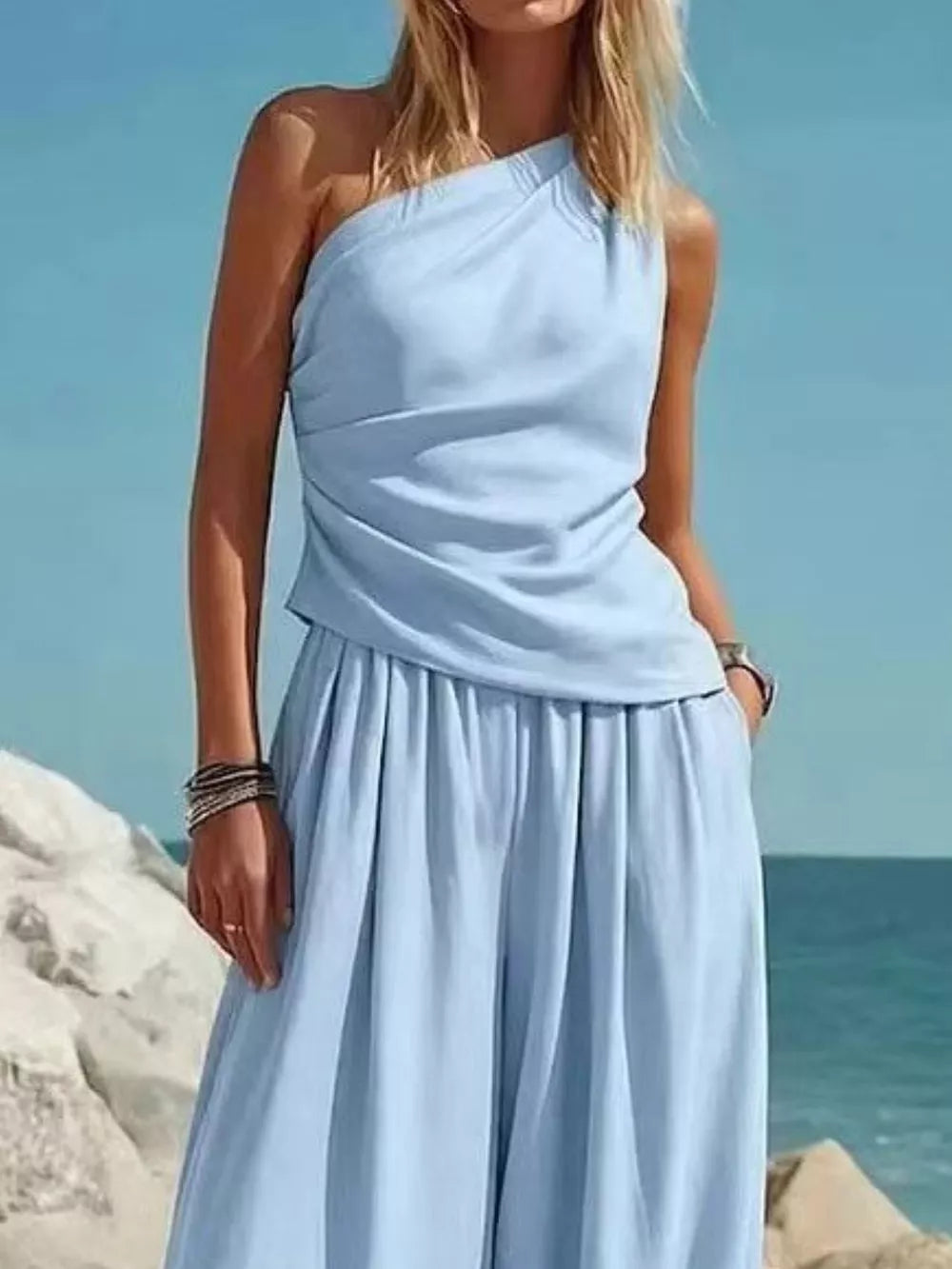 Sky blue one-shoulder top and wide-leg pants set with pockets