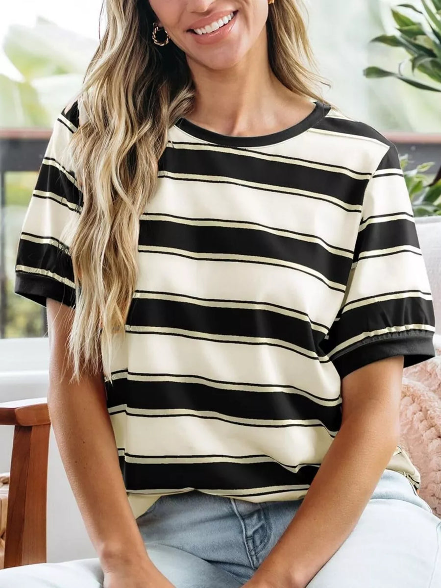 Classic striped crew neck tee in black and cream, with short sleeves and a relaxed fit.