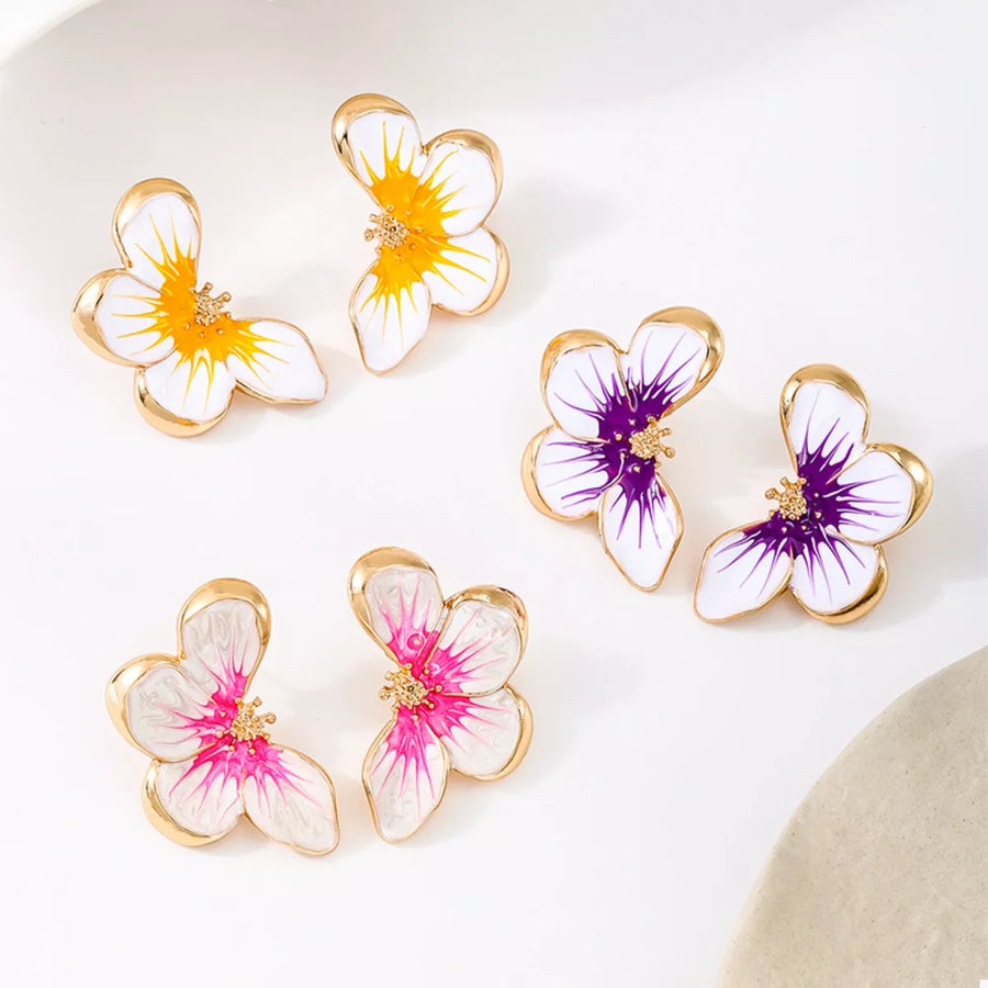 Butterfly blossom stud earrings in pink, orange, and purple with 18K gold plating.